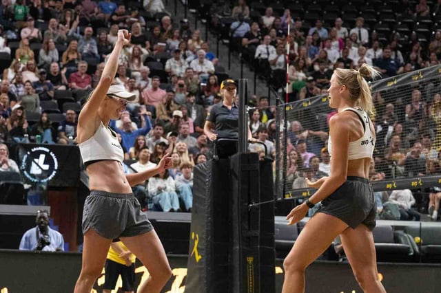 The L.A. Launch’s Terese Cannon, left, and Megan Kraft celebrate after defeating the San Diego Smash during an AVP League match on Friday, July 11, 2025, at the Intuit Dome in Inglewood. (Photo by Drew A. Kelley, Press-Telegram/SCNG)