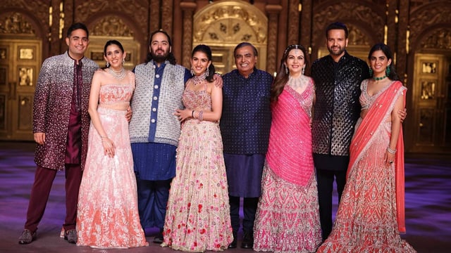 The Ambanis pose together at Anant Ambani-Radhika Merchant's wedding ceremony | Image: Source photo 