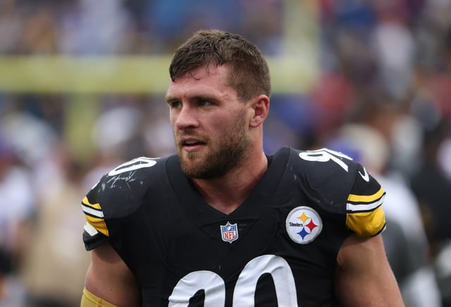 T.J. Watt #90 of the Pittsburgh Steelers walks off the field after a game against the Buffalo Bills at Highmark Stadium on September 12, 2021 in Orchard Park, New York.