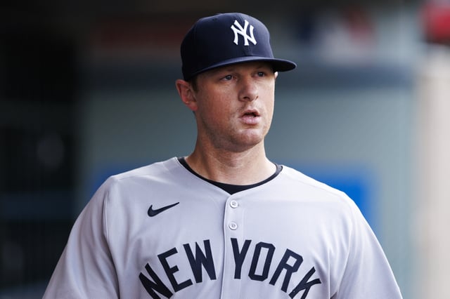 ANAHEIM, CALIFORNIA - MAY 27: DJ LeMahieu #26 of the New York Yankees looks on in the dugout during the game against the Los Angeles Angels at Angel Stadium of Anaheim on May 27, 2025 in Anaheim, California.