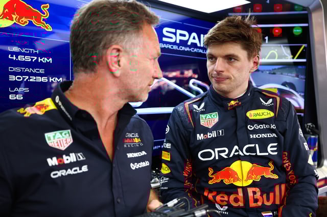 Christian Horner, Team Principal of Oracle Red Bull Racing and Max Verstappen of the Netherlands and Oracle Red Bull Racing in the garage during practice ahead of the F1 Grand Prix of Spain at Circuit de Barcelona-Catalunya on May 30, 2025 in Barcelona, Spain.