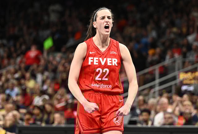 Caitlin Clark #22 of the Indiana Fever reacts against the Atlanta Dream on August 26, 2024 at State Farm Arena in Atlanta, Georgia.