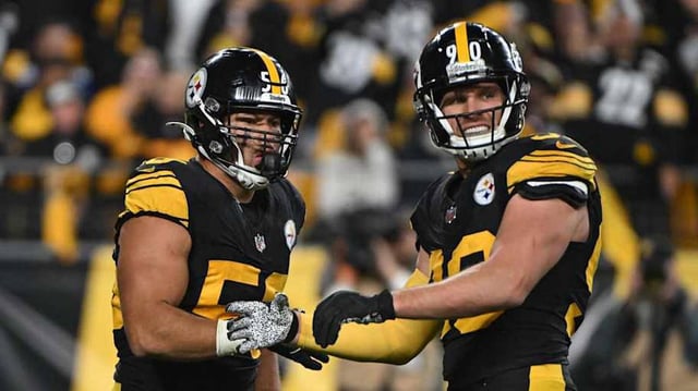 Oct 28, 2024; Pittsburgh, Pennsylvania, USA; Pittsburgh Steelers linebacker Alex Highsmith (56) celebrates with  T.J. Watt (90) after sacking New York Giants quarterback Daniel Jones (8) during the third quarter at Acrisure Stadium. Mandatory Credit: Barry Reeger-Imagn Images