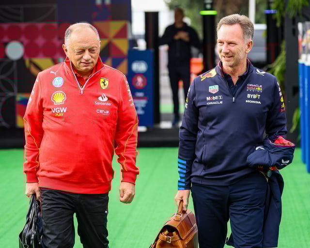 Scuderia Ferrari team principal Fred Vasseur and Oracle Red Bull Racing Team Principal Christian Horner arrive in the paddock together during qualifying ahead of the F1 Grand Prix of Mexico at Autodromo Hermanos Rodriguez on October 26, 2024 in Mexico City, Mexico.
