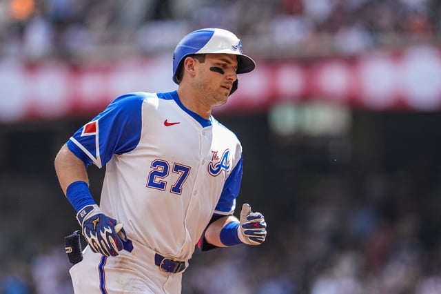 Jul 5, 2025; Cumberland, Georgia, USA; Atlanta Braves third baseman Austin Riley (27) runs after hitting a two run home run against the Baltimore Orioles during the first inning at Truist Park. Mandatory Credit: Dale Zanine-Imagn Images/File Photo
