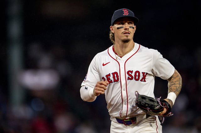 BOSTON, MASSACHUSETTS - JULY 10: Jarren Duran #16 of the Boston Red Sox runs in after the fifth inning of a game against the Tampa Bay Rays on July 10, 2025 at Fenway Park in Boston, Massachusetts.
