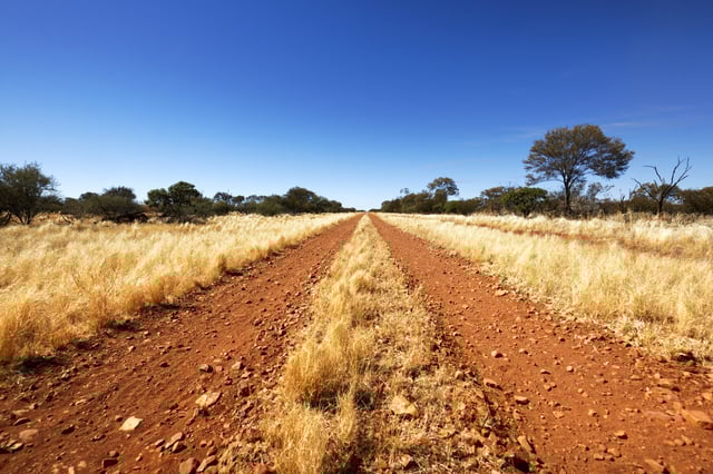 Australian outback Woodlands dirt road, Gascoyne, Western Australia - Jul 28, 2017.