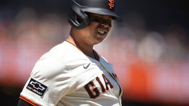 Jul 9, 2025; San Francisco, California, USA; San Francisco Giants designated hitter Rafael Devers (16) reacts to a called strike during the sixth inning against the Philadelphia Phillies at Oracle Park. Mandatory Credit: D. Ross Cameron-Imagn Images