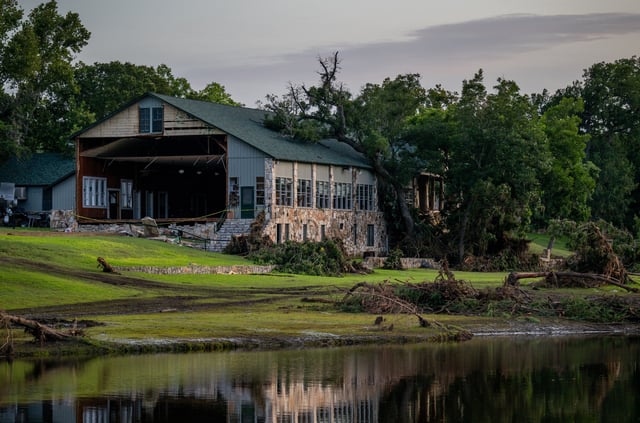 Caution tape covers the entrance of Camp Mystic on July 07, 2025 in Hunt, Texas.