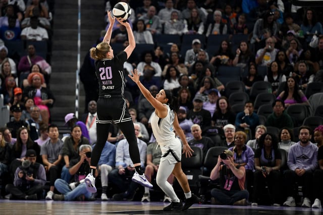 Kate Martin #20 of the Golden State Valkyries shoots over Aaliyah Nye #13 of the Las Vegas Aces during the first half at Chase Center on June 07, 2025 in San Francisco, California.