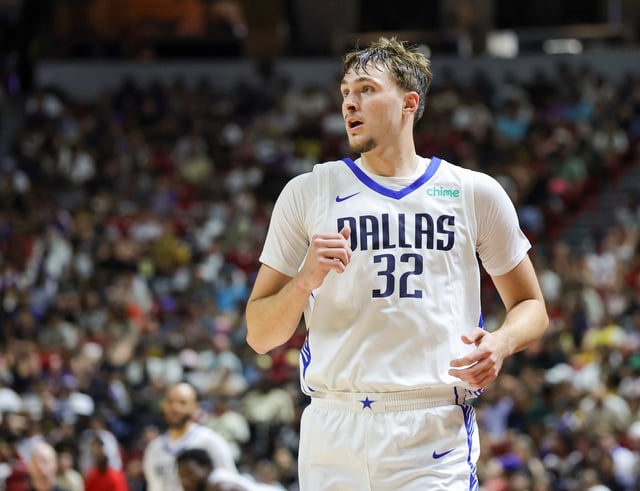 Cooper Flagg #32 of the Dallas Mavericks runs up the court in the second half of a 2025 NBA Summer League game against the Los Angeles Lakers at the Thomas &amp; Mack Center on July 10, 2025 in Las Vegas, Nevada.
