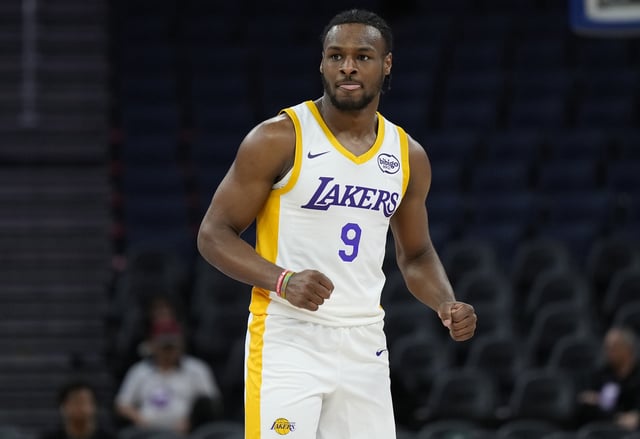 Bronny James Jr. #9 of the Los Angeles Lakers reacts after a teammate scored and was fouled on the shot against the Miami Heat during the second half of the 2024 California Classic at Chase Center on July 10, 2024 in San Francisco, California.