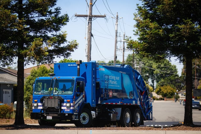 A trash truck drives past a neighborhood in Union City, Calif., on Thursday, July 10, 2025. Sanitation workers halted garbage pickup across the Bay Area this week as part of a larger ongoing Teamsters union strike effort happening throughout the US. (Shae Hammond/Bay Area News Group)