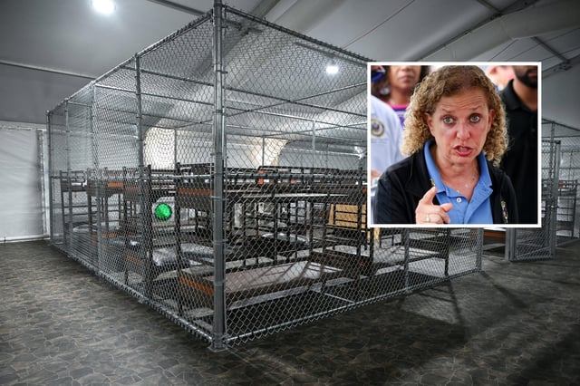 Beds are seen inside a migrant detention center, dubbed &#34;Alligator Alcatraz,&#34; located at the site of the Dade-Collier Training and Transition Airport, as US President Donald Trump tours the facility in Ochopee, Florida on July 1, 2025. INSET: Rep. Debbie Wasserman Schultz (D-FL), Rep. Darren Soto (D-FL) (L), and Rep. Maxwell Frost (D-FL) during a press conference after visiting &#34;Alligator Alcatraz&#34; at the Dade-Collier Training and Transition Airport on July 12, 2025, in Ochopee, Florida.