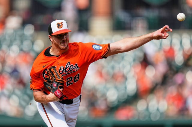 Baltimore Orioles starting pitcher Trevor Rogers delivers during the third inning of a baseball game against the Miami Marlins, Saturday, July 12, 2025, in Baltimore. (AP Photo/Stephanie Scarbrough)