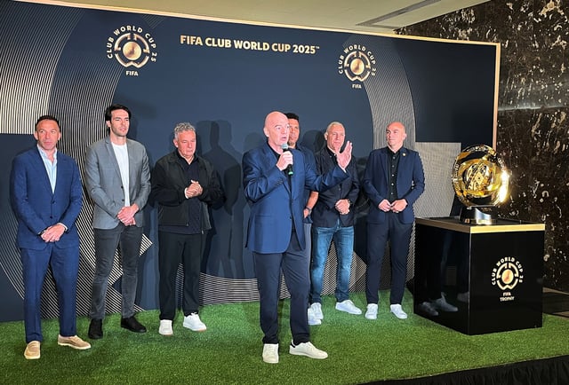 Soccer Football - FIFA Club World Cup - Legends Event - New Jersey, U.S. - July 12, 2025 FIFA president Gianni Infantino talks as former footballers Alessandro Del Piero, Kaka, Roberto Baggio, Ronaldo, Hristo Stoichkov and Esteban Cambiasso look on during a Legends event with the trophy FIFA/Handout via REUTERS