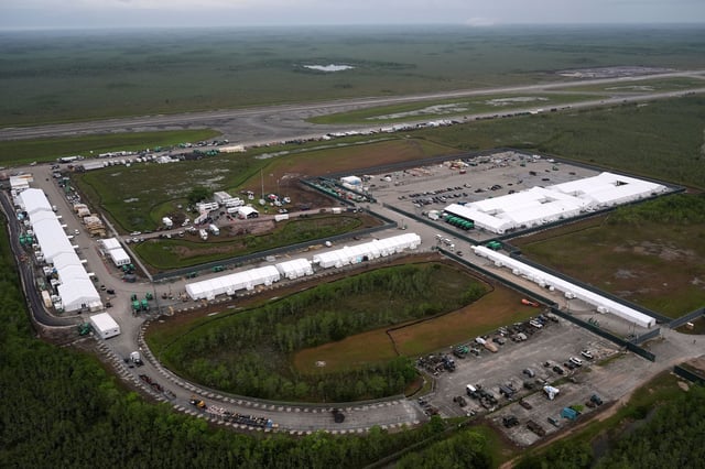 Work progresses on a new migrant detention facility dubbed "Alligator Alcatraz" at Dade-Collier Training and Transition facility in Ochopee, Florida, on July 4.