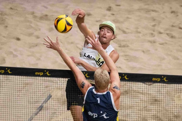 The L.A. Launch’s Logan Webber, top, scores against the San Diego Smash during an AVP League match on Friday, July 11, 2025, at the Intuit Dome in Inglewood. (Photo by Drew A. Kelley, Press-Telegram/SCNG)