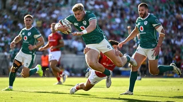 Gavin goes over for the first of his two tries for Ireland on what was a long afternoon for their Portuguese hosts