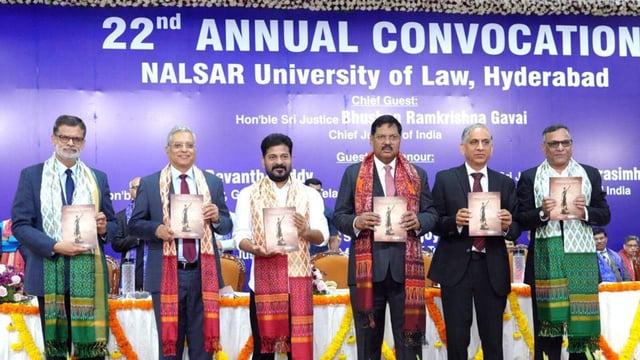 Telangana chief minister Revanth Reddy, Chief Justice of India BR Gavai and others during the 22nd Convocation of the NALSAR University of Law in Hyderabad on Saturday. (ANI)