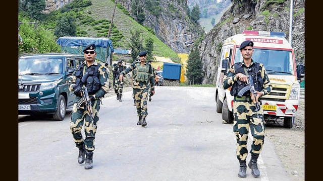 BSF personnel patrol during the Amarnath Yatra in Jammu on Saturday. (ANI)