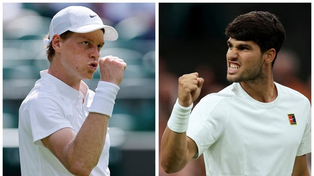 A combination picture shows Italy's Jannik Sinner and Spain's Carlos Alcaraz ahead of the Wimbledon men's singles final. July 12, 2025