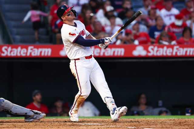 Angels designated hitter Mike Trout watches his home run during the fifth inning of a baseball game against the Arizona Diamondbacks in Anaheim, Calif., Saturday, July 12, 2025. (AP Photo/Jessie Alcheh)