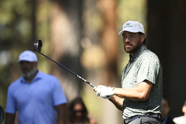 STATELINE, NEVADA - JULY 11: Travis Kelce plays his shot from the second tee box during the first round of the American Century Championship at Edgewood Tahoe Golf Course on July 11, 2025 in Stateline, Nevada. (Photo by Eakin Howard/Getty Images)