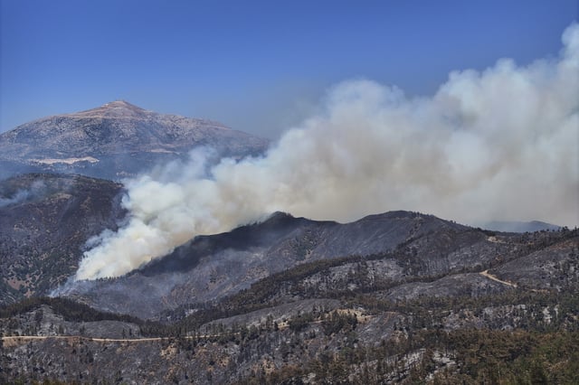 Smoke rises from a wildfire in the town of Rabia, in Syria's Latakia countryside, Saturday, July 12, 2025. (AP Photo/Ghaith Alsayed)
