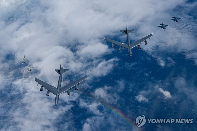 This photo provided by the South Korean defense ministry on July 11, 2025, shows fighter jets during combined air drills involving South Korea, Japan and the United States over waters off the southern South Korean island of Jeju. (PHOTO NOT FOR SALE) (Yonhap)