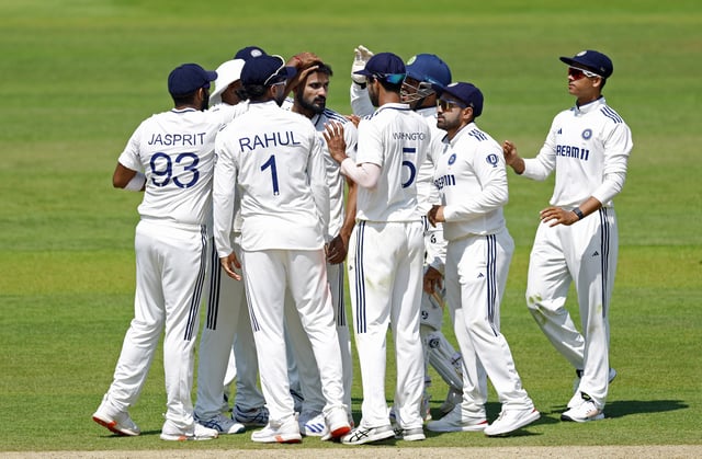 Cricket - International Test Match Series - Third Test - England v India - Lord's Cricket Ground, London, Britain - July 13, 2025 India's Akash Deep celebrates with teammates after taking the wicket of England's Harry Brook Action Images via Reuters/Peter Cziborra