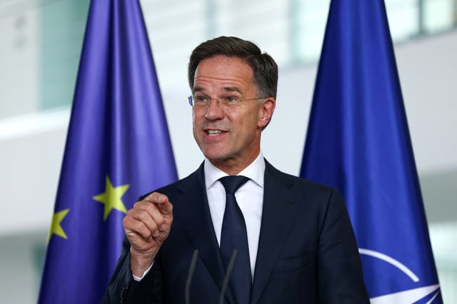 NATO Secretary General Mark Rutte speaks as he and German Chancellor Friedrich Merz (not pictured) address the media, in Berlin, Germany, July 9, 2025. REUTERS/Christian Mang/File Photo