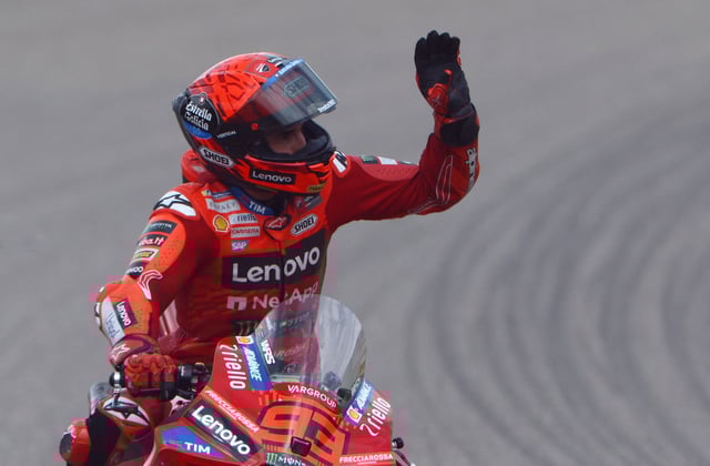 MotoGP - German Grand Prix - Sachsenring, Hohenstein-Ernstthal, Germany - July 13, 2025 Ducati Lenovo Team's Marc Marquez celebrates winning the German Grand Prix REUTERS/Lisi Niesner