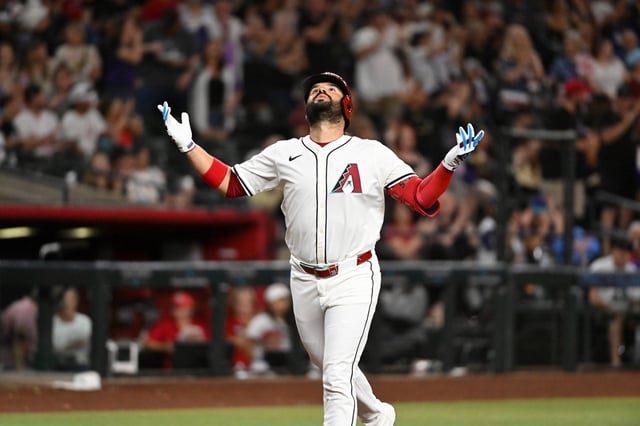 PHOENIX, ARIZONA - JULY 03: Eugenio Suarez #28 of the Arizona Diamondbacks celebrates his solo home run against the San Francisco Giants during the fifth inning at Chase Field on July 03, 2025 in Phoenix, Arizona.