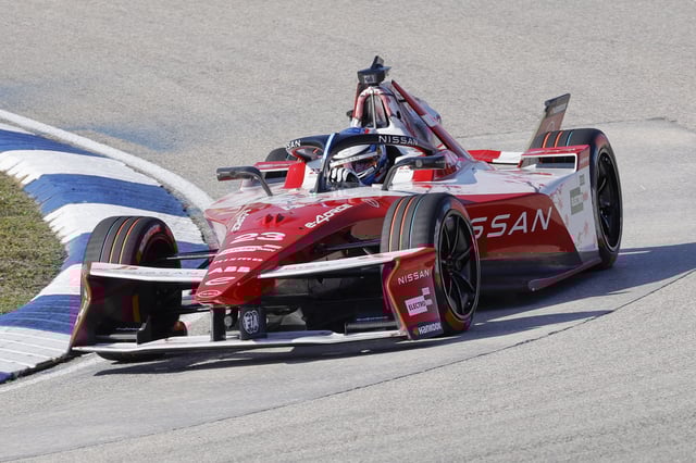 Apr 12, 2025; Miami, Florida, USA;   Oliver Rowland of Team Nissan enters turn four during qualifying for the ABB Formula E Series race at the Homestead Motor Speedway Mandatory Credit: Reinhold Matay-Imagn Images/File Photo