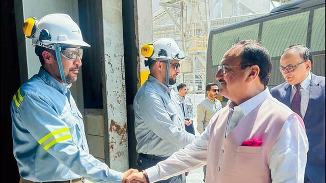 Union Minister JP Nadda along with representatives from Indian fertiliser companies, visits Ma’aden’s impressive phosphate production facilities, in Ras Al Khair on Sunday. (@JPNadda)
