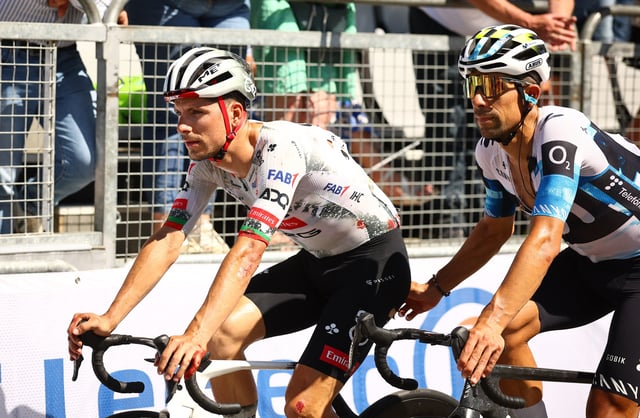 Cycling - Tour de France - Stage 7 - Saint-Malo to Mur-De-Bretagne Guerledan - Saint-Malo, France - July 11, 2025 UAE Team Emirates XRG's Joao Almeida crosses the finish line with injuries after a crash during stage 7 REUTERS/Sarah Meyssonnier/File Photo
