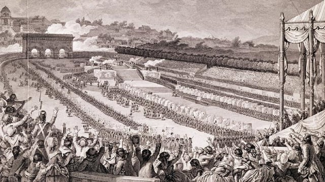 Festival de la Fédération, 14 juillet 1790, au Champ de Mars, gravure du fin du XVIIIe siècle.