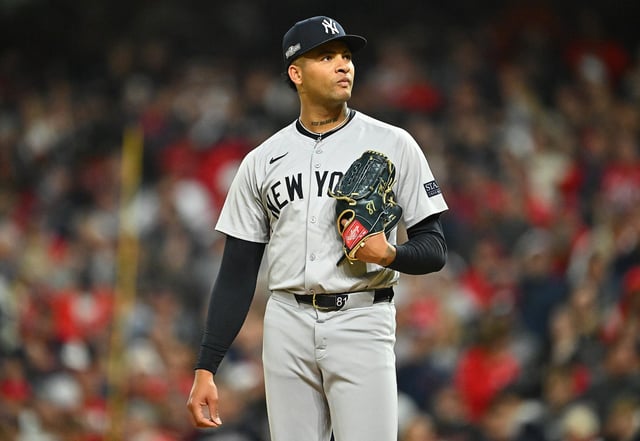 CLEVELAND, OHIO - OCTOBER 18: Luis Gil #81 of the New York Yankees looks on during the second inning during Game Four of the American League Championship Series at Progressive Field on October 18, 2024 in Cleveland, Ohio. (Photo by Jason Miller/Getty Images)