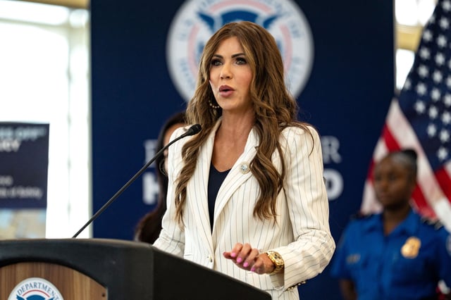 AU.S. Secretary of Homeland Security Kristi Noem speaks during a news conference at Ronald Reagan Washington National Airport on July 8, 2025 in Arlington, Virginia.