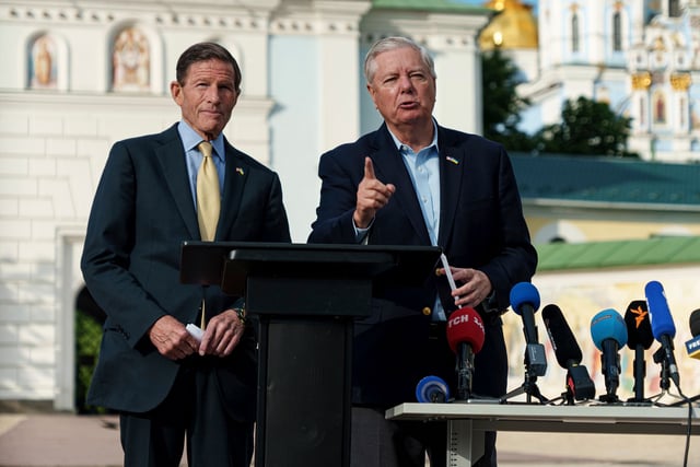 Sen. Lindsey Graham, R-S.C., right, and Sen. Richard Blumenthal, D-Conn., left, speak during a press conference in Kyiv, Ukraine, on Friday, May 30, 2025.