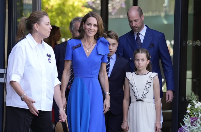 Princess Kate (from left center), Prince George, Princess Charlotte and Prince William arrive at Wimbledon on July 13, 2025, in London.