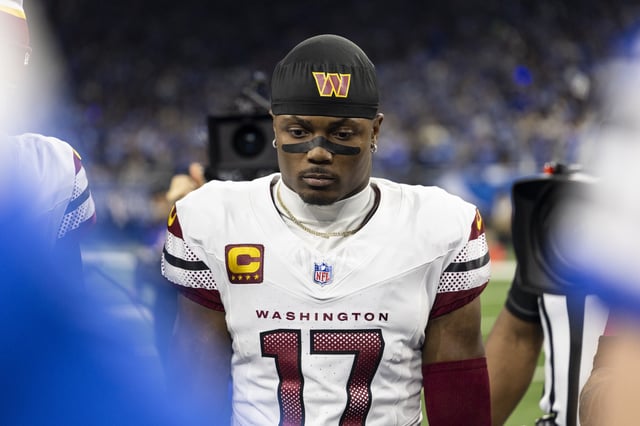 Terry McLaurin #17 of the Washington Commanders looks on prior to an NFL Football game against the Detroit Lions at Ford Field on January 18, 2025 in Detroit, Michigan.