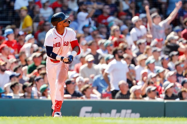 Boston Red Sox’s Ceddanne Rafaela looks to left field after hitting a home run in the sixth inning of a baseball game, Sunday, July 13, 2025, in Boston. (AP Photo/Greg M. Cooper)