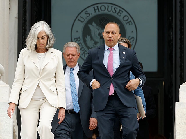 House Minority Leader Rep. Hakeem Jeffries (D-NY) walks with House Minority Whip Rep. Katherine Clark (D-MA) and other House Democrats, as they arrive to a press conference on the One, Big, Beautiful Bill Act outside of the U.S. Capitol on July 02, 2025 in Washington, DC. House Republicans continue their work to pass the Senate version of The One, Big, Beautiful Bill Act, President Trump's sweeping tax and spending bill. (Photo by Kevin Dietsch/Getty Images)