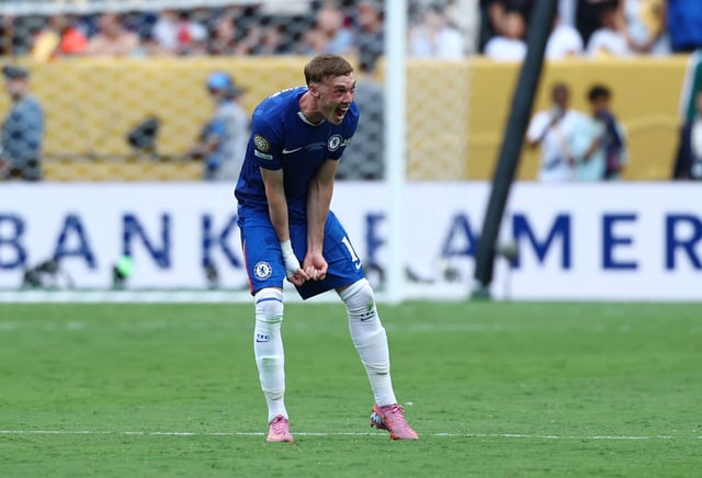 Soccer Football - FIFA Club World Cup - Final - Chelsea v Paris St Germain - MetLife Stadium, East Rutherford, New Jersey, U.S. - July 13, 2025 Chelsea's Cole Palmer celebrates winning the FIFA Club World Cup final REUTERS/Kai Pfaffenbach