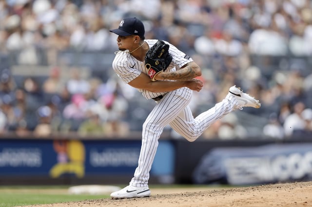 NEW YORK, NEW YORK - JUNE 29: Jonathan Loaisiga #43 of the New York Yankees in action against the Athletics at Yankee Stadium on June 29, 2025 in New York City. The Yankees defeated the Athletics 12-5.