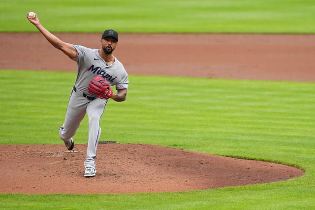 CINCINNATI, OHIO - JULY 09: Sandy Alcantara #22 of the Miami Marlins throws during a baseball game against the Cincinnati Reds at Great American Ball Park on July 09, 2025 in Cincinnati, Ohio.