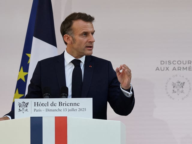 France's President Emmanuel Macron delivers a speech to army leaders, on the eve of the annual Bastille Day Parade in the French capital, at l'Hotel de Brienne in Paris, France July 13, 2025. LUDOVIC MARIN/Pool via REUTERS