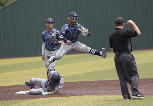 Johnson Jaguars Kayson Cunningham (6) completes a double play. O&#39;Connor defeat Johnson11-4 in game two of their baseball playoff game at North East Sports Complex on Friday, May 1, 2025.